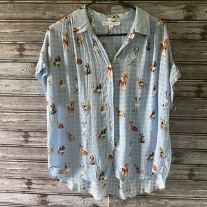 Jane‎ + Delancey Women's Short-Sleeved Button-Down Top Size L Blue Dog Print